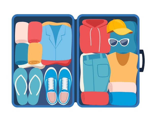 Suitcase with packed clothes for travel in top view Clothing footwear