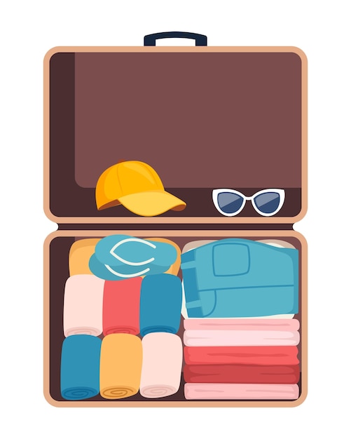 Suitcase with packed clothes for travel in top view Clothing footwear