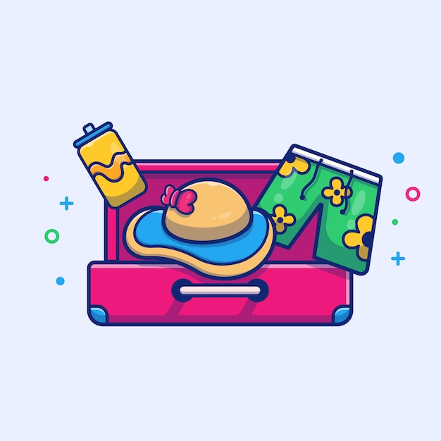 Suitcase With Swimsuit And Beach Hat Illustration. Summer Beach Travel. Holiday Concept White Isolated