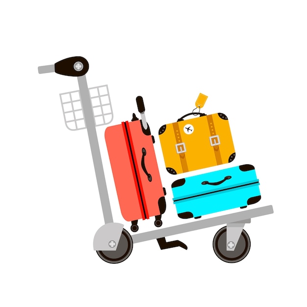 Suitcases on airport luggage trolley Travel bag Summer time Holidays Vacation trip Rest Vector