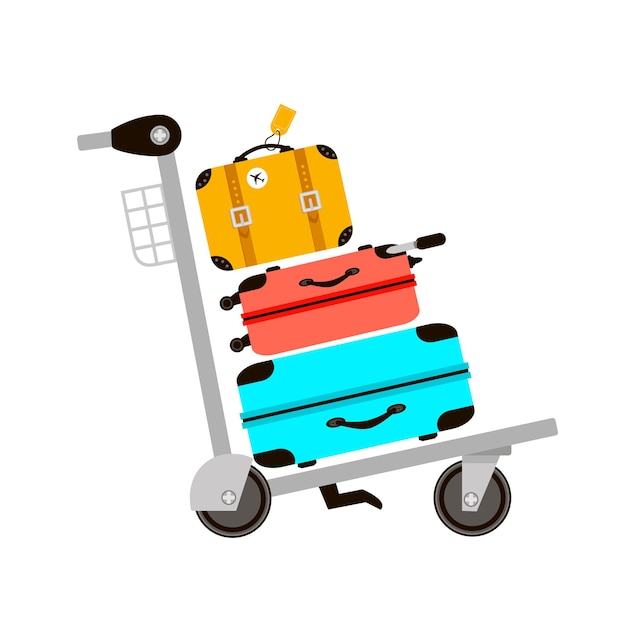 Suitcases on airport luggage trolley Travel bag Summer time Holidays Vacation trip Rest Vector