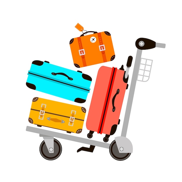 Suitcases on airport luggage trolley Travel bag Summer time Holidays Vacation trip Rest Vector