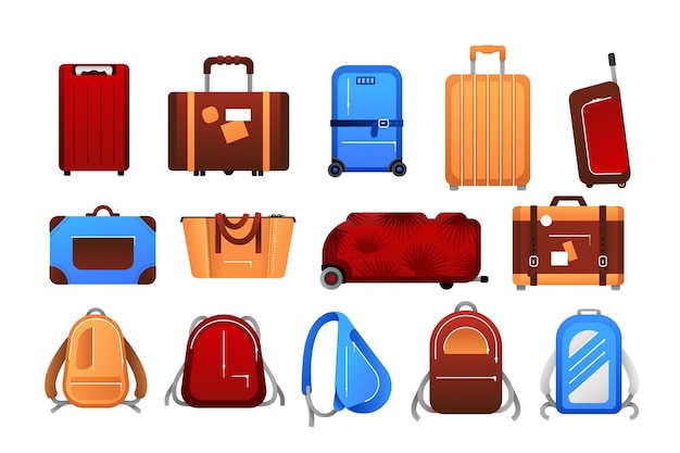 Suitcases Cartoon travel airport luggage for journey collection different trip baggage with case leather bags and backpacks in blue and brown colors Vector flight suitcase isolated set