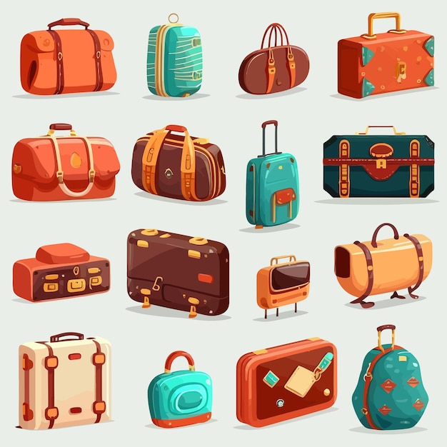 Suitcases travel luggage baggage and bags Isolated on background Vector illustration