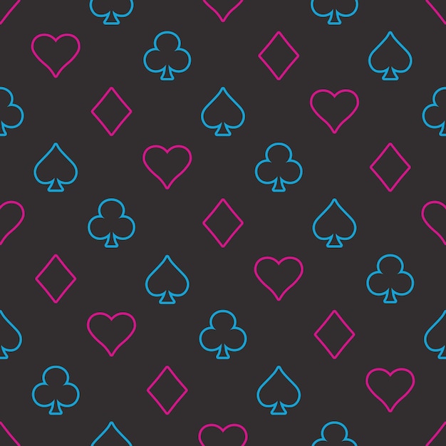 Suits Card Signs Seamless Pattern Background Hearts Diamonds Spades and Clubs Hand drawn elements doodles design for wallpapers wrapping textile prints backgrounds Vector illustration