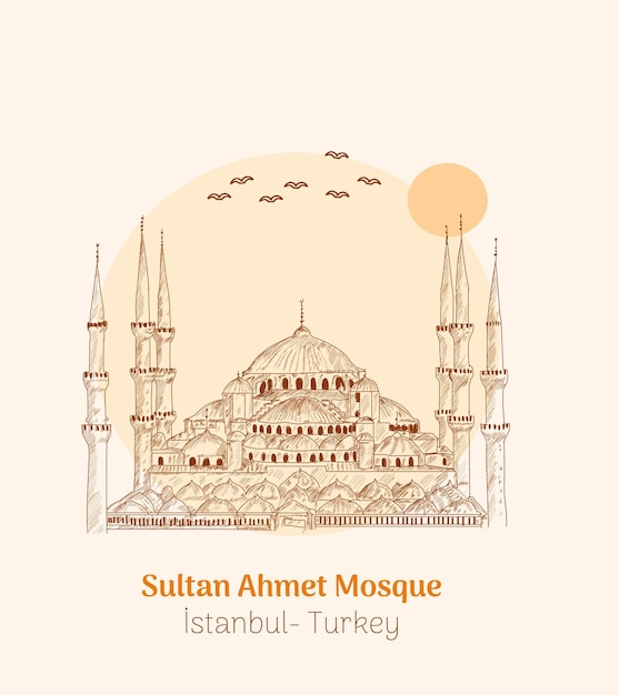 Sultanahmet camii blue mosque hand drawing mosque watercolor vector sketch drawing