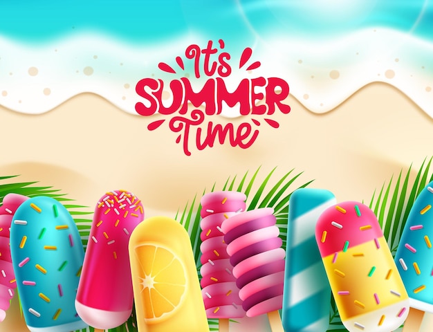 Sumer time greeting vector background It's summer time text with popsicle lollipop refreshment