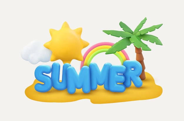 Summer 3d banner design. Realistic render scene tropical palm tree, sun, rainbow, cloud. Tropic beach objects, Holiday web poster, flyer, seasonal brochure, cover.  Summertime modern background