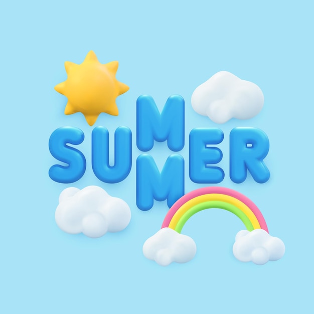 Summer 3d banner design. Realistic render scene tropical sky, sun, rainbow, cloud. Tropic summertime objects, Holiday web poster, modern flyer, seasonal brochure, cover, background