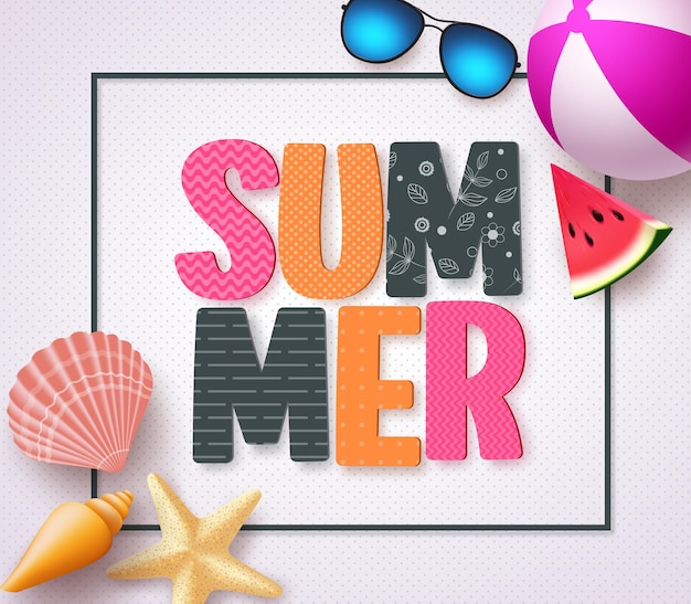 Летний трехмерный текстовый баннер с красочными узорами и элементами летнего пляжного отдыха