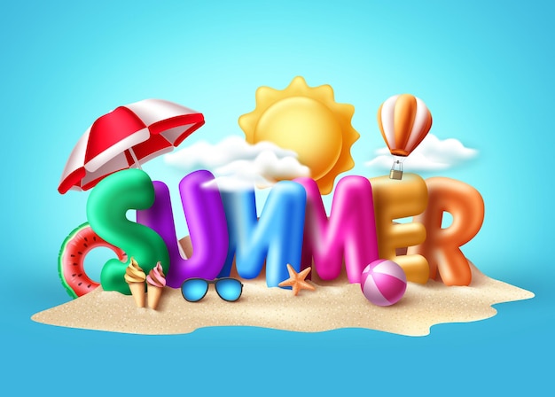 Summer 3d text vector banner design Summer balloon text with colorful beach elements