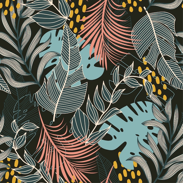 Vector summer abstract seamless pattern with colorful tropical leaves and plants on a dark