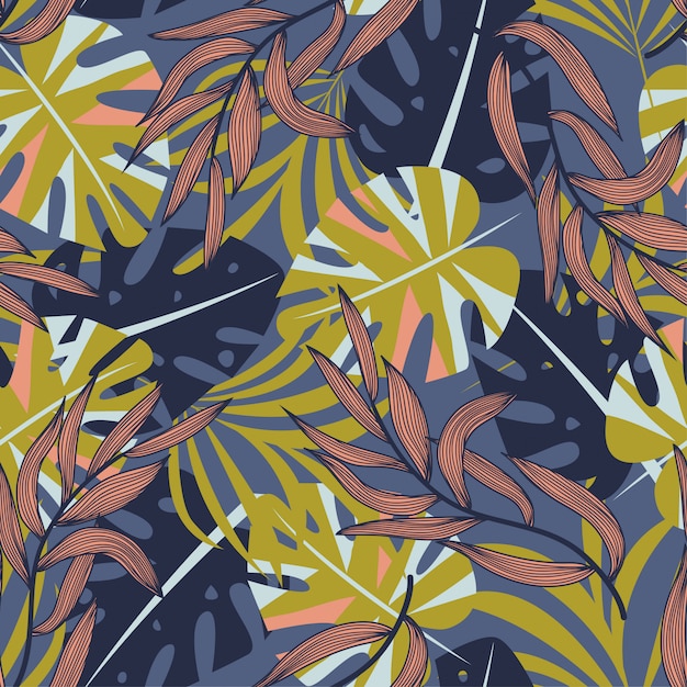 Summer abstract seamless pattern with colorful tropical leaves and plants on purple background
