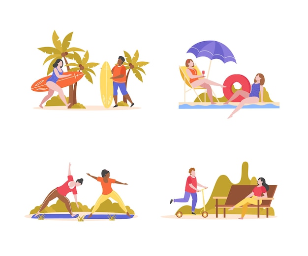 Summer activities flat set of four isolated compositions with views of people relaxing in public places vector illustration