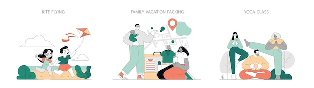 Summer activities illustration set depicting children flying a kite parents planning a vacation and