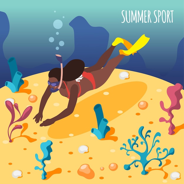 Summer activities isometric illustration with female scuba diver observing marine underwater life