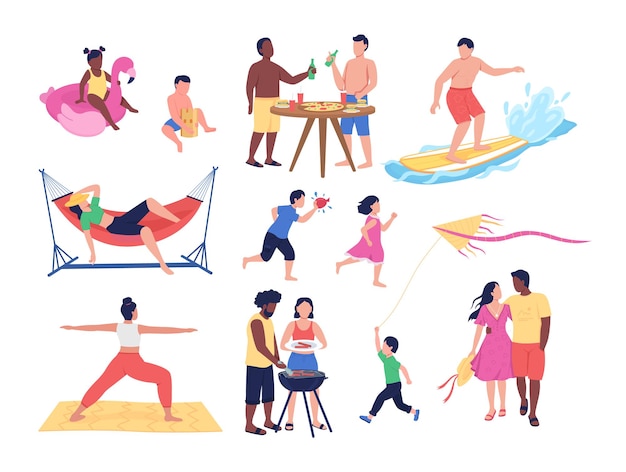 여름 활동 세미 플랫 컬러 벡터 문자 집합입니다. 포즈를 취하는 인물. 흰색에 전신 사람들입니다. 그래픽 디자인 및 애니메이션 컬렉션을 위한 해변 격리된 현대 만화 스타일 그림
