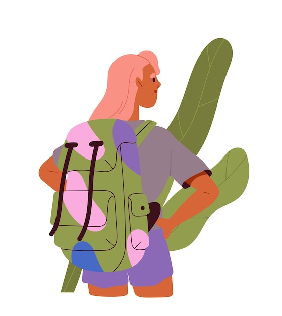Вектор Концепция летней деятельности активный образ жизни и досуг на открытом воздухе женщина с рюкзаком пешеходный туризм и