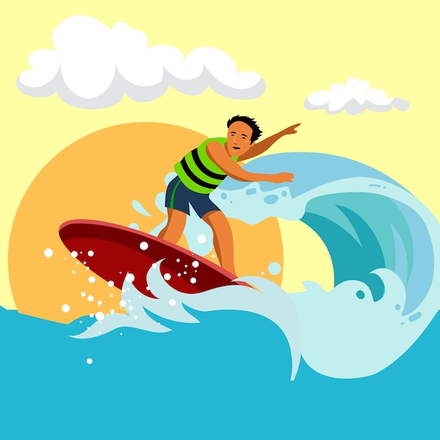 Summer activity. Man surfing. Summertime and Vacation. Vector Flat file.