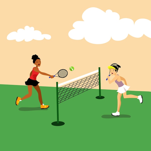 Attività estiva. donne che giocano a palla da tennis estate e vacanze. archivio piatto vettoriale.