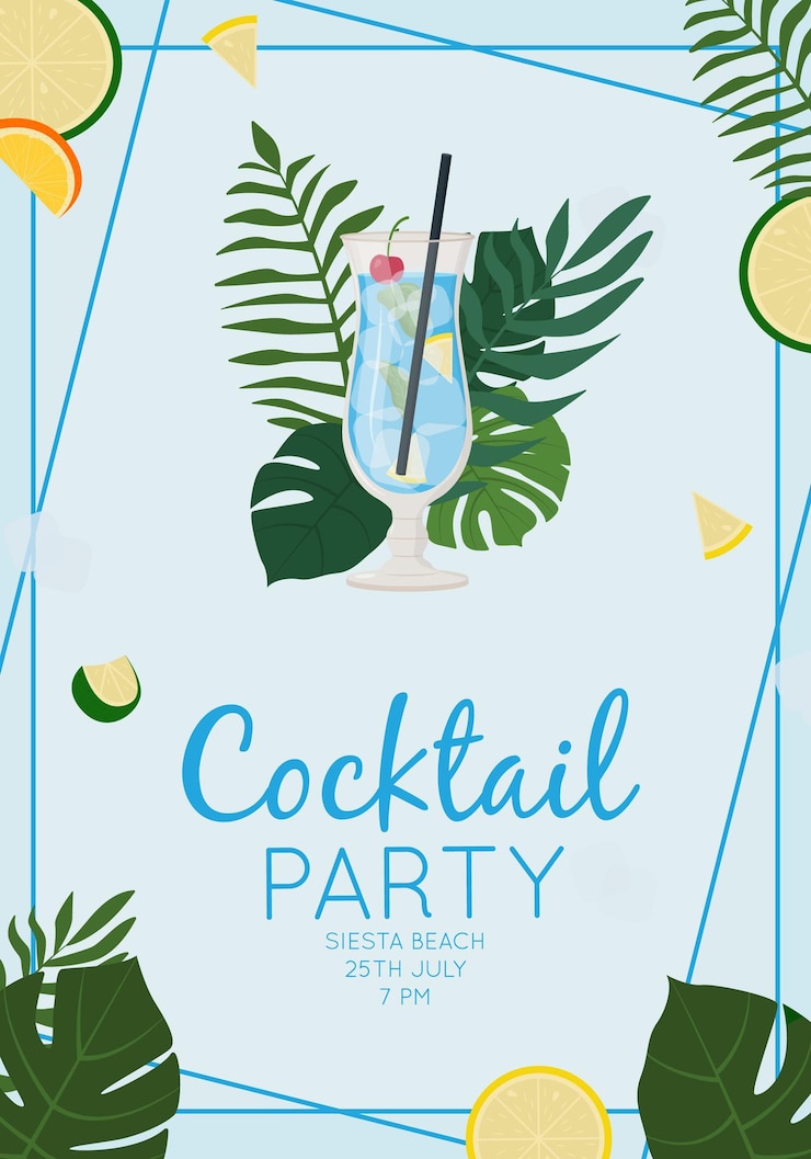 Vector summer alcoholic drink tropical cocktail blue lagoon beach party concept