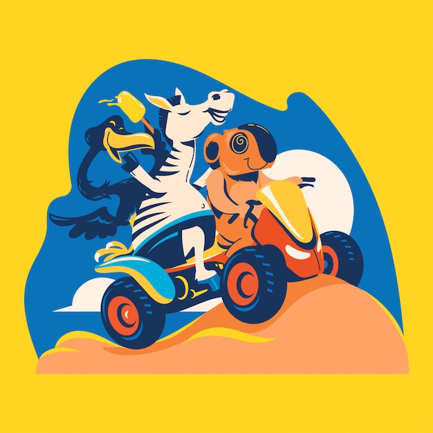 Vector summer animal illustration. zebra, flamingo, and koala playing atv explore the beach