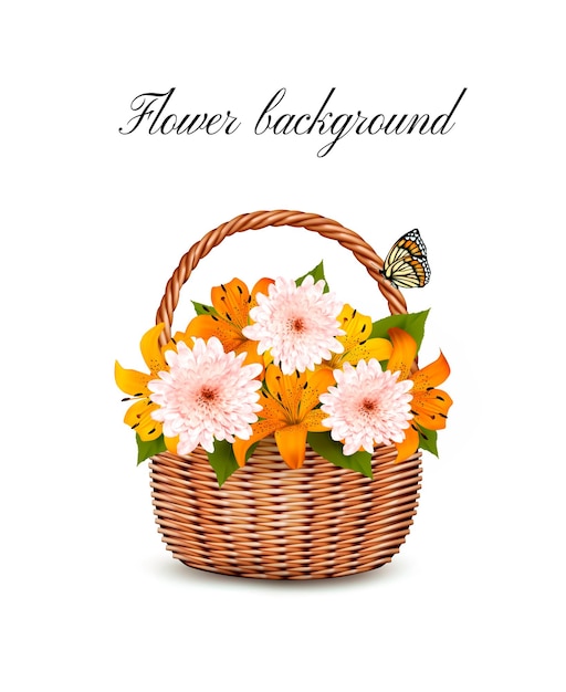 Summer background. Basket full of flowers and a butterfly. 