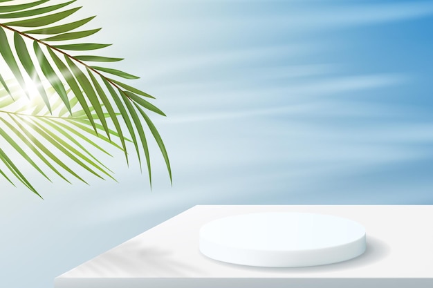 Summer background in a minimalistic style with a podium in white colors. Empty pedestal for product display with palm leaves and sky.