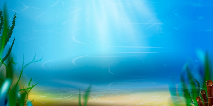 Vector 夏の背景。水面のテクスチャ。水中世界の自然シーンの背景。海、青い海、海草、エキゾチックな魚、泡、海藻、太陽光線のある海底の生命。