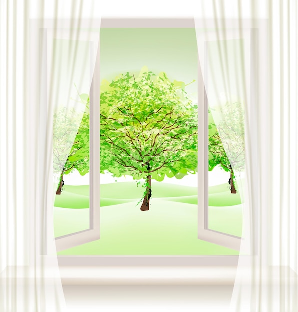 Летний фон с открытым окном и зелеными деревьями. вектор.