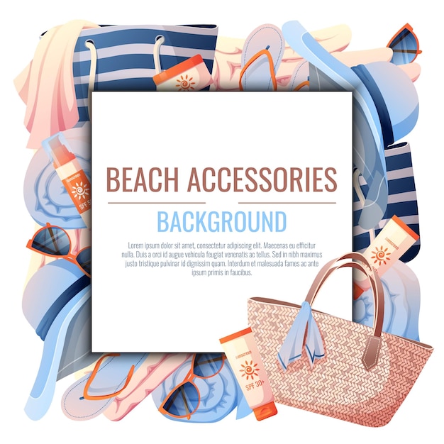 해변 액세서리와 함께 여름 배경 밀짚 가방 모자와 자외선 차단제로 만든 해변 프레임 해변 휴일 휴일 여름 시간 바다 바이브 여름 판매를 위한 포스터 전단지 카드