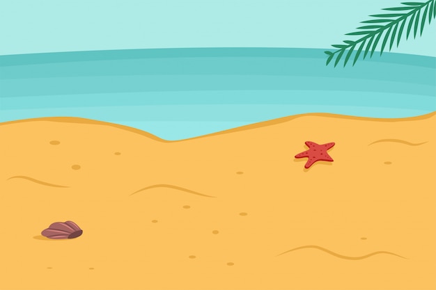Sfondo estate con spiaggia, mare, foglia di palma, stelle marine e conchiglie nella sabbia. illustrazione di paesaggio del fumetto vettoriale.