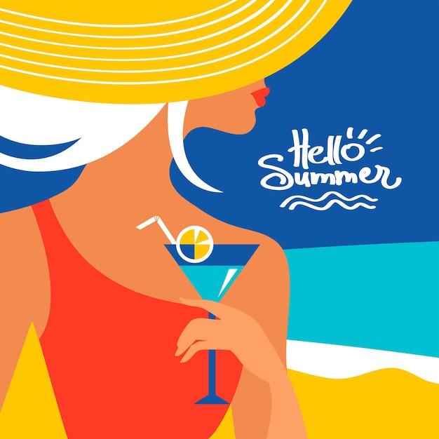 Summer background with beautiful woman silhouette at the seaside. Vector illustration