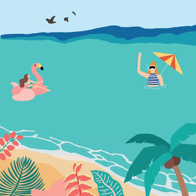 Summer background with coconut tree sea people on the beach