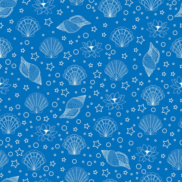 Vector summer background with contour seashells lotus flowers stars and bubbles on colored background vector seamless pattern