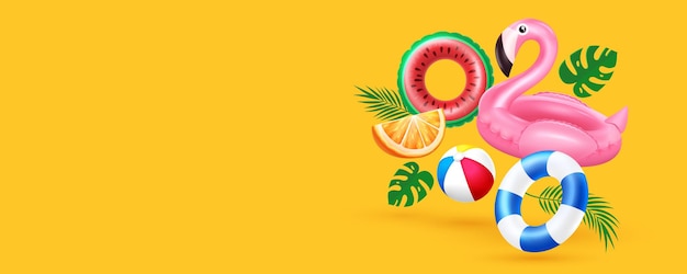 Vector summer background with flamingo pool float watermelon swimming floats and summer element