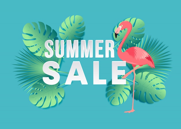 Summer background with flamingo and tropical leaf backgrounds