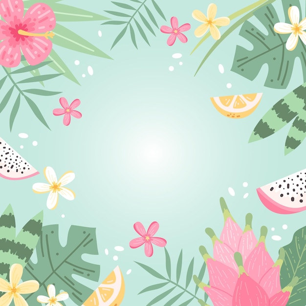 Vettore sfondo estivo con fiori e foglie di ibisco e plumeria illustrazione vettoriale colorata disegnata a mano