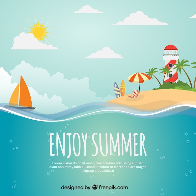 Summer background with island, boat and lighthouse