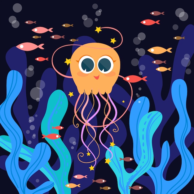 Summer background with jellyfish and seaweed