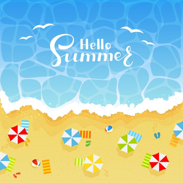 바다 또는 바다에 Hello Summer라는 글자가 있는 여름 배경 컬러 비치 볼이 있는 모래 해변 우산 수건과 발자국 삽화가 있는 슬리퍼