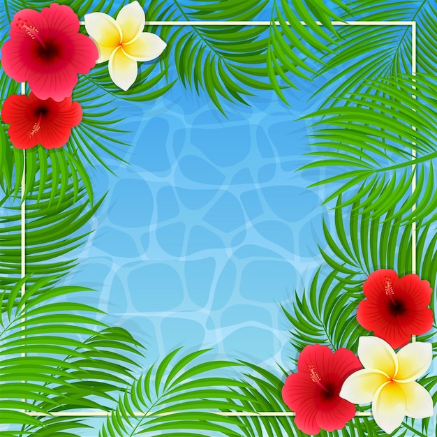 ヤシとハワイの花と夏の背景フランジパニハイビスカスと青い水の背景イラストのヤシの葉