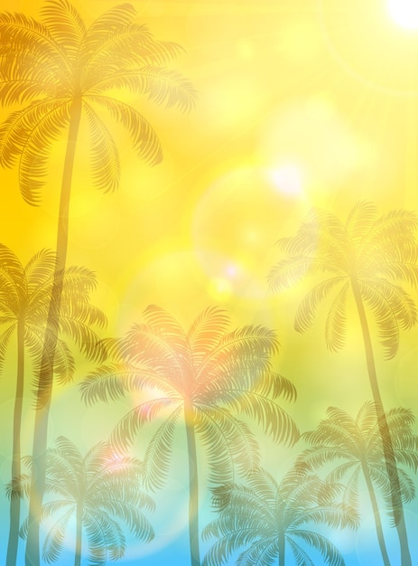 Summer background with palms and sun high palm trees and bright Sun on yellow and blue background illustration