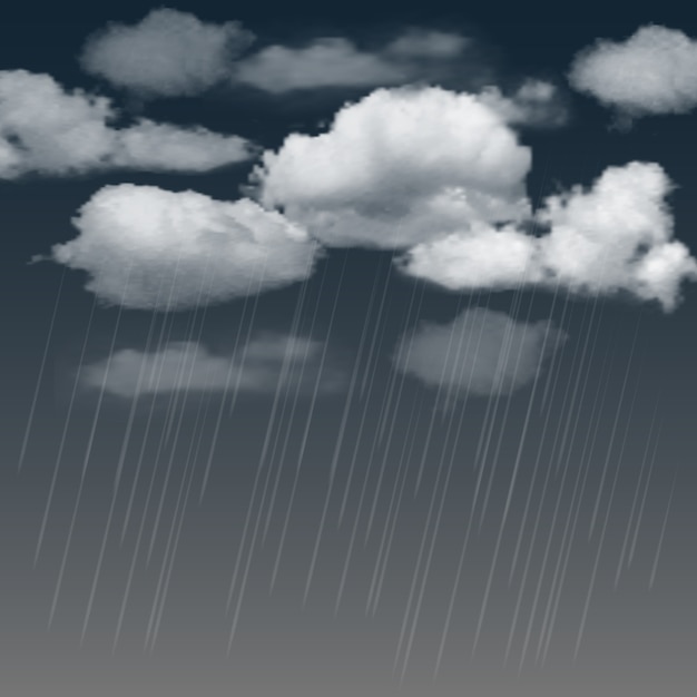 Vector summer background with rainclouds and rain in the dark sky.