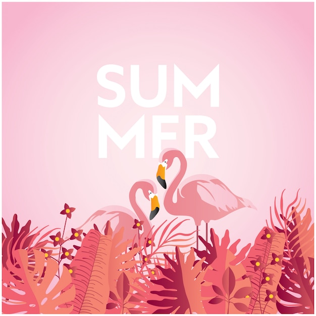 Vector summer background with red tropical leafs and pink flamigos