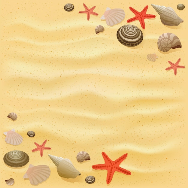 Vettore sfondo estivo con stelle marine e conchiglie sull'illustrazione della spiaggia sabbiosa