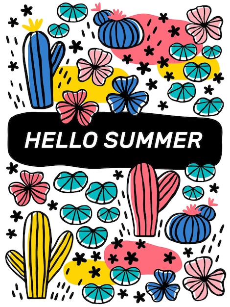 Vector summer background with succulent plants flowers and abstract shapes