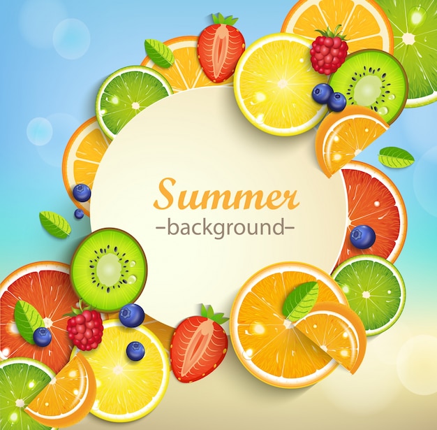 열 대 과일로 여름 배경입니다.