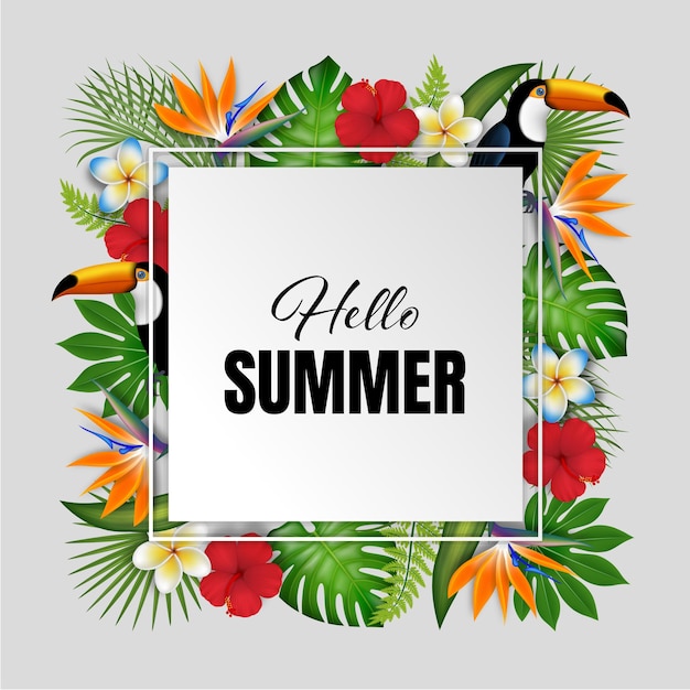 Vector summer background with tropical plants and flowers