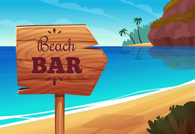 Summer background with wooden signboard on the beach